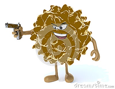 Virus with arms, legs, face and gun on hand Cartoon Illustration