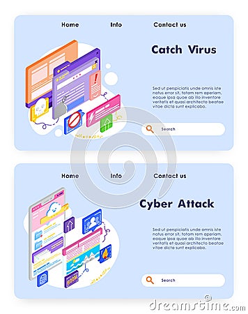 Virus attack and cyber security. Fraud and ransom malware. Cloud storage attack and hack. Computer technology. Vector Vector Illustration