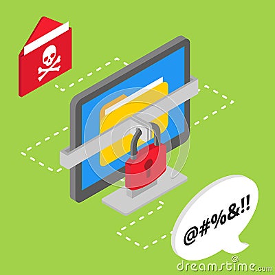 Virus attack ransomware isometric with swear words and dangerous email Vector Illustration