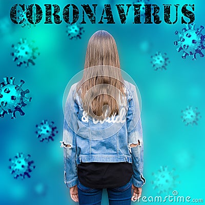 Virus background with girl and hand drawn 3d imitation Coronavirus 2019-nCoV cells Stock Photo