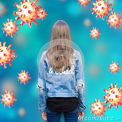 Virus background with girl and hand drawn 3d imitation Coronavirus 2019-nCoV cells Stock Photo