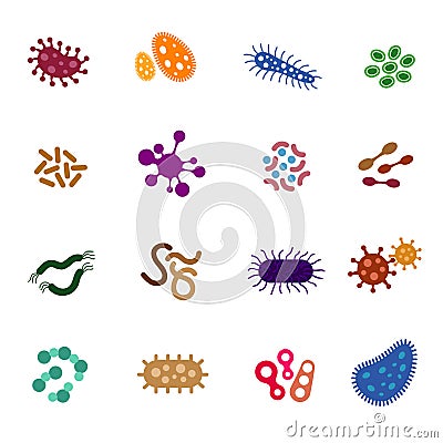 Virus, bacteria and biology microorganisms flat icons Vector Illustration