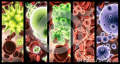 Virus, bacteria and cell structure of disease closeup in series for medical investigation or research. Covid, particle Stock Photo