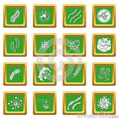 Virus bacteria icons set green Vector Illustration