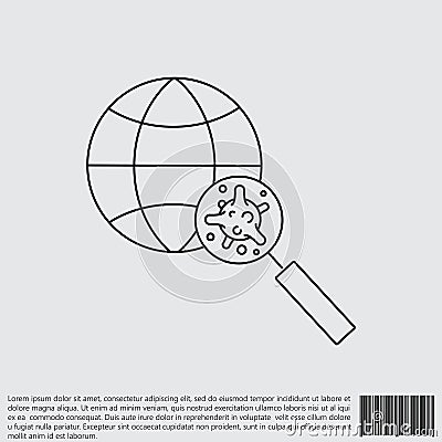 Virus, bacteria through a magnifying glass on globe line, linear icon, symbol, sign. coronavirus, COVID-19 icon, logo black Vector Illustration