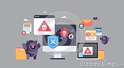 Virus bot robot hacker danger piracy error background pirate attack artificial intelligence concept flat horizontal Vector Illustration