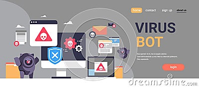 Virus bot robot hacker danger piracy error background pirate attack artificial intelligence concept flat horizontal Vector Illustration