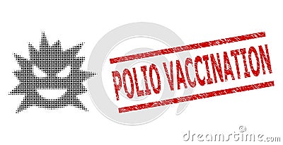Scratched Polio Vaccination Seal Stamp and Halftone Dotted Virus Cell Vector Illustration