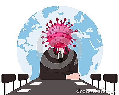 Virus character, human body head virus, leads a meeting at the table. Coronavirus flu germ virus infection bacteriaicon Vector Illustration