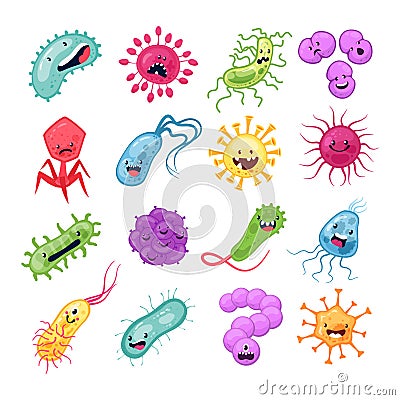 Virus characters. Funny viruses biological allergy microbes epidemiology bacterial infection germ flu microbiology Vector Illustration