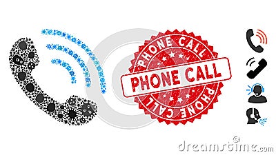 Virus Collage Call Ring Icon with Textured Round Phone Call Seal Vector Illustration
