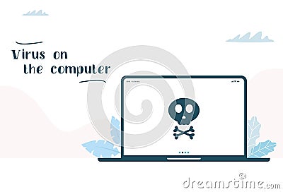 Virus on the computer. Malware caution concept, spam data, fraud internet error, insecure risk danger connection, online scam, Vector Illustration