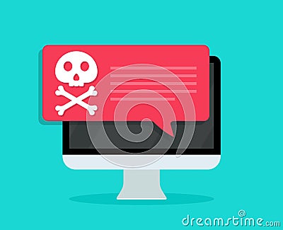 Virus in computer screen. Icon of malware and scam. Alert of email spam. Attack of ransomware, internet fraud or trojan. Phishing Vector Illustration
