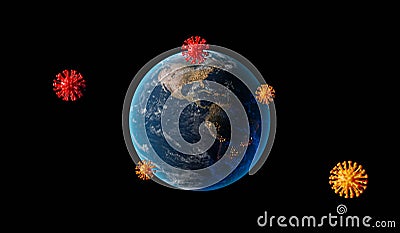 Virus COVID-19 attacking world. 3D render.new normal concept. Original world map source from Nasa Stock Photo
