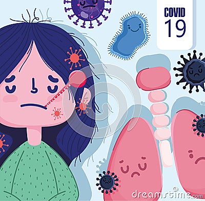 Virus covid 19 pandemic, girl with thermometer Vector Illustration