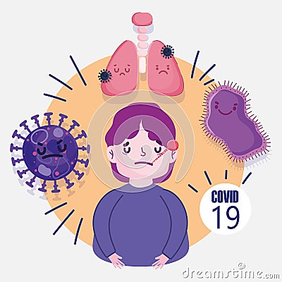 Virus covid 19 pandemic, man with thermometer lungs Vector Illustration