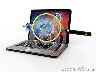 Virus Detection, Magnifying Glass scanning Virus with Computer. 3d render Stock Photo