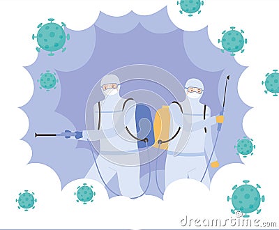 Virus disinfection, specialists in viral hazard protective suits, covid 19 coronavirus, preventive measure Vector Illustration