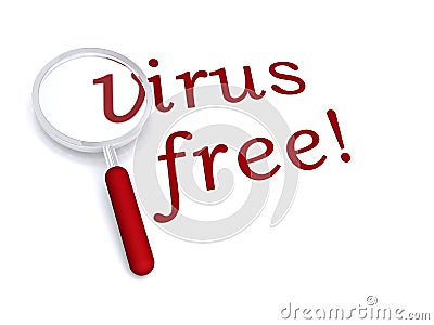 Virus free with magnifiying glass Stock Photo