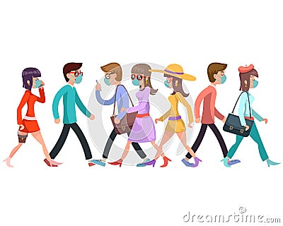 Virus hazard medical mask protection crowd of people walking characters walk cartoon flat design design vector Vector Illustration