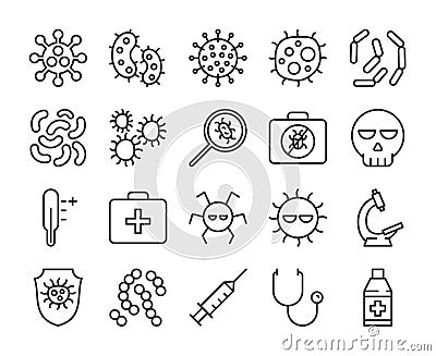Virus icons. Virus and bacteria line icon set. Vector illustration. Editable stroke. Vector Illustration