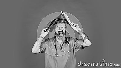 Virus infection bacteria. Documents and protocols. Private clinic. Hospital department. Man bearded handsome doctor work Stock Photo