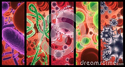 Virus, infection and cell structure of disease closeup in series for medical investigation or research. Covid, bacteria Stock Photo