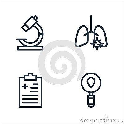 Virus infection and line icons. linear set. quality vector line set such as check, report, lung Vector Illustration