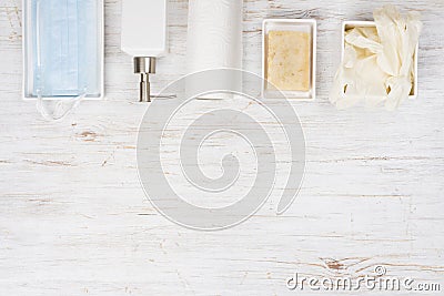 Virus infection protection products on wooden background with copy space Stock Photo