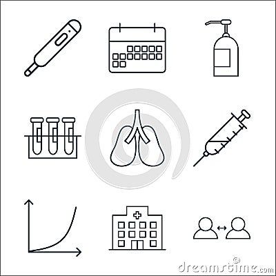 virus line icons. linear set. quality vector line set such as distance, hospital, growth graph, syringe, lungs, blood test, soap, Vector Illustration