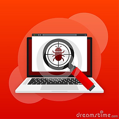 Virus loupe. Searching virus. Microbe icon. Cyber secure. Vector Illustration