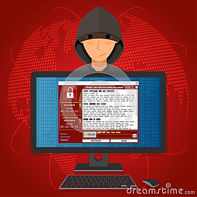 Virus Malware Ransomware wannacry encrypted your files and requires money. Vector Illustration