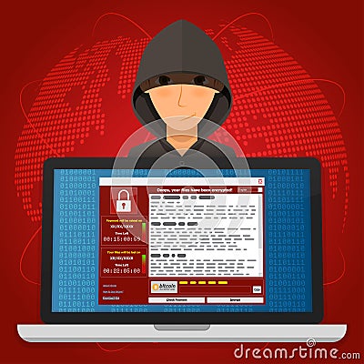 Virus Malware Ransomware wannacry encrypted your files and requires money. Vector Illustration