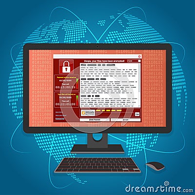 Virus Malware Ransomware wannacry encrypted your files and requires money. Vector Illustration
