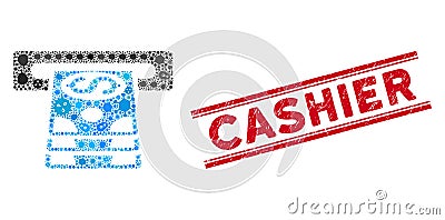 Virus Mosaic Bank Cashpoint Icon and Textured Cashier Stamp with Lines Vector Illustration