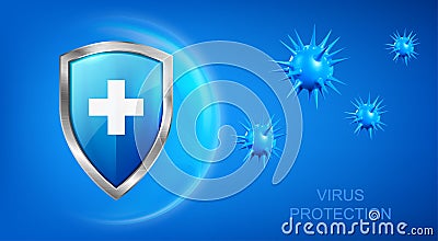 Virus protection banner with shield and bacteria Vector Illustration