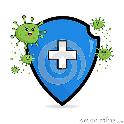 Virus protection banner with shield, cross and bacteria piked cells flying on blue background. Vector Illustration