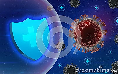 Virus protection with shield on blue background.3D rendering. Stock Photo