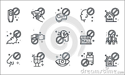 virus restrictions line icons. linear set. quality vector line set such as , no touch, no touch, no travelling, party, bat, closed Vector Illustration