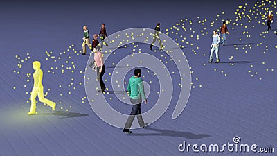 Virus spreading from person to crowd of people . View 2 . 3d rendering Cartoon Illustration