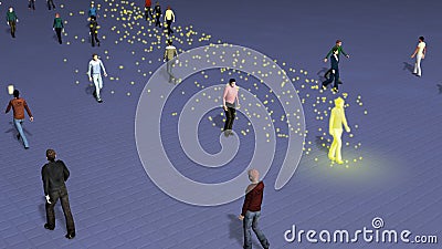 Virus spreading from person to crowd of people . View 3 . 3d rendering Cartoon Illustration