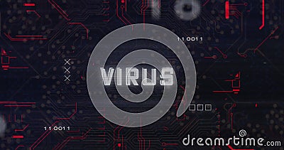Virus text image over digital circuit board background with binary code Stock Photo