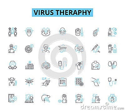 Virus theraphy linear icons set. Immunotherapy, Gene therapy, Antivirals, Vaccines, Antibodies, Retrovirus, Oncolytic Vector Illustration