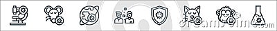 virus transmission line icons. linear set. quality vector line set such as flask, monkey, cat, shield, world wide, rat head Vector Illustration