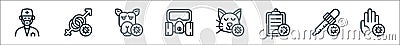 Virus transmission line icons. linear set. quality vector line set such as hand, pipette tool, clipboard, cat, gas mask, camel, Vector Illustration