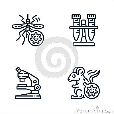 virus transmission line icons. linear set. quality vector line set such as mouse, microscope, test tubes Vector Illustration