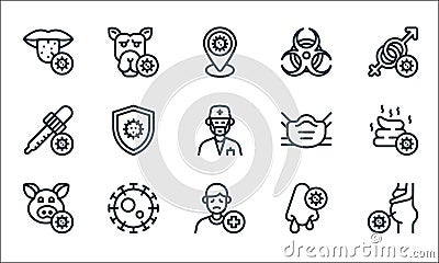 Virus transmission line icons. linear set. quality vector line set such as pregnancy, patient, pig, snot, coronavirus, pipette Vector Illustration