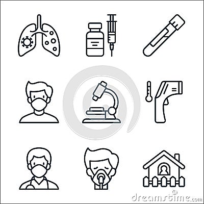 Virus transmission line icons. linear set. quality vector line set such as quarantine, oxygen mask, doctor, thermometer, Vector Illustration