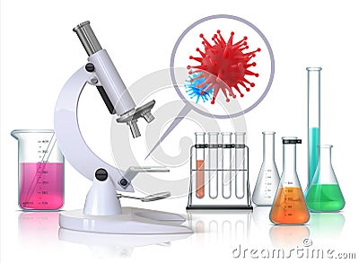 Virus under microscope. Realistic medical laboratory equipment and flu infection magnification, coronavirus disease Vector Illustration