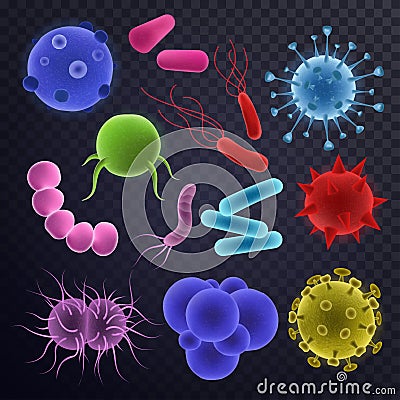 Virus vector bacterial infection virus-like illness illustration virulent set of microbiology organisms microbe or Vector Illustration